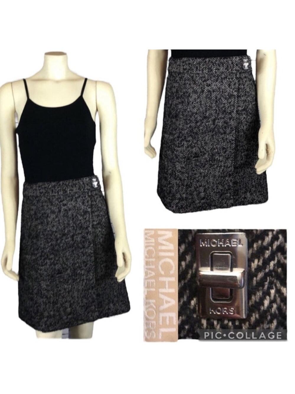 Michael Kors Herringbone Wrap Skirt black & white silver hard wear size 12